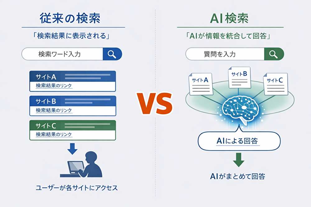 従来検索とAI検索の違いを示す図