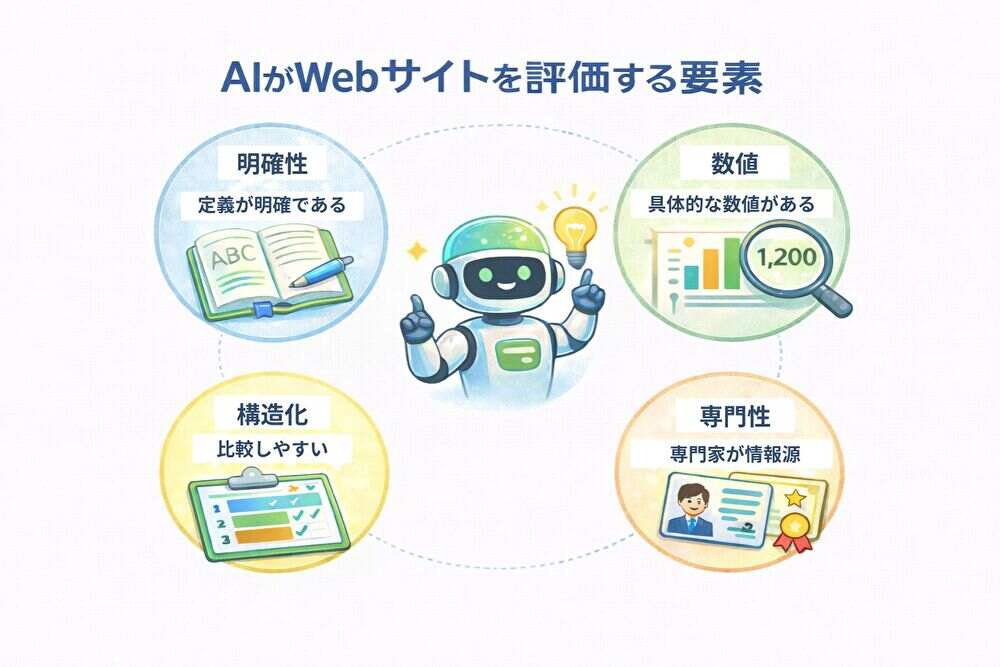 AIがWebサイトを評価する際に重視する要素（明確性・数値・構造・専門性）を整理した図。