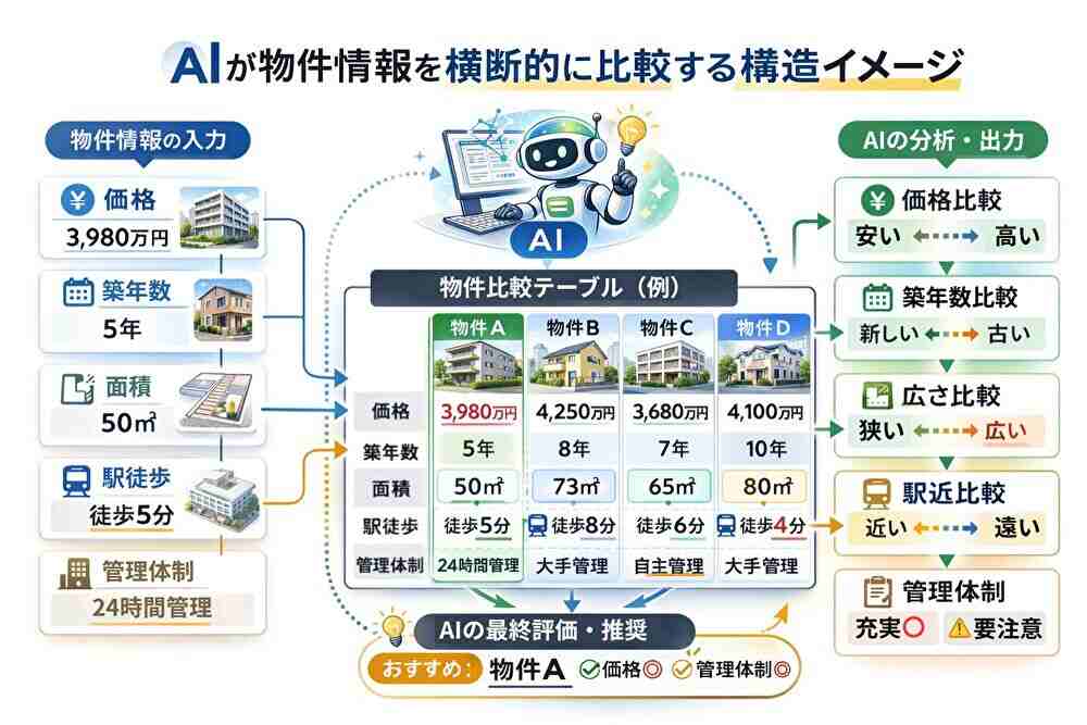 AIが価格・築年数・面積などを横断的に比較する構造を示した図。