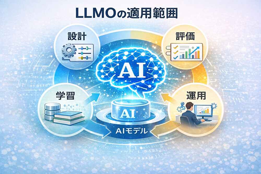 LLMOの適用範囲を示す図。AIモデル内部の設計や学習、運用最適化の領域を表したイメージ。