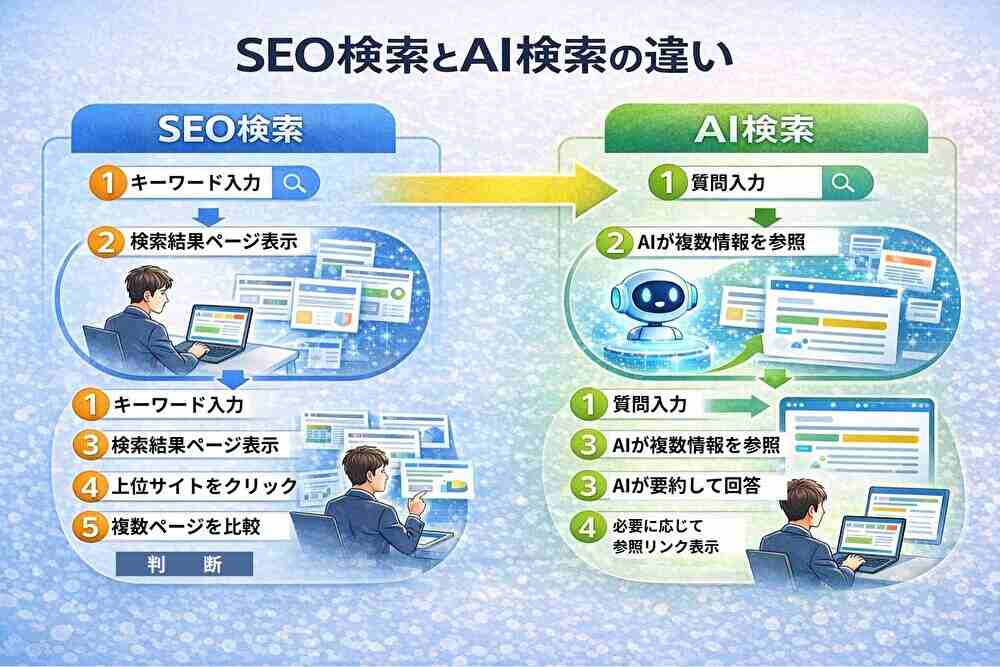 SEO検索とAI検索の構造比較図。従来はユーザーが複数サイトを比較し、AI検索ではAIが情報を統合して回答する流れを示す図。