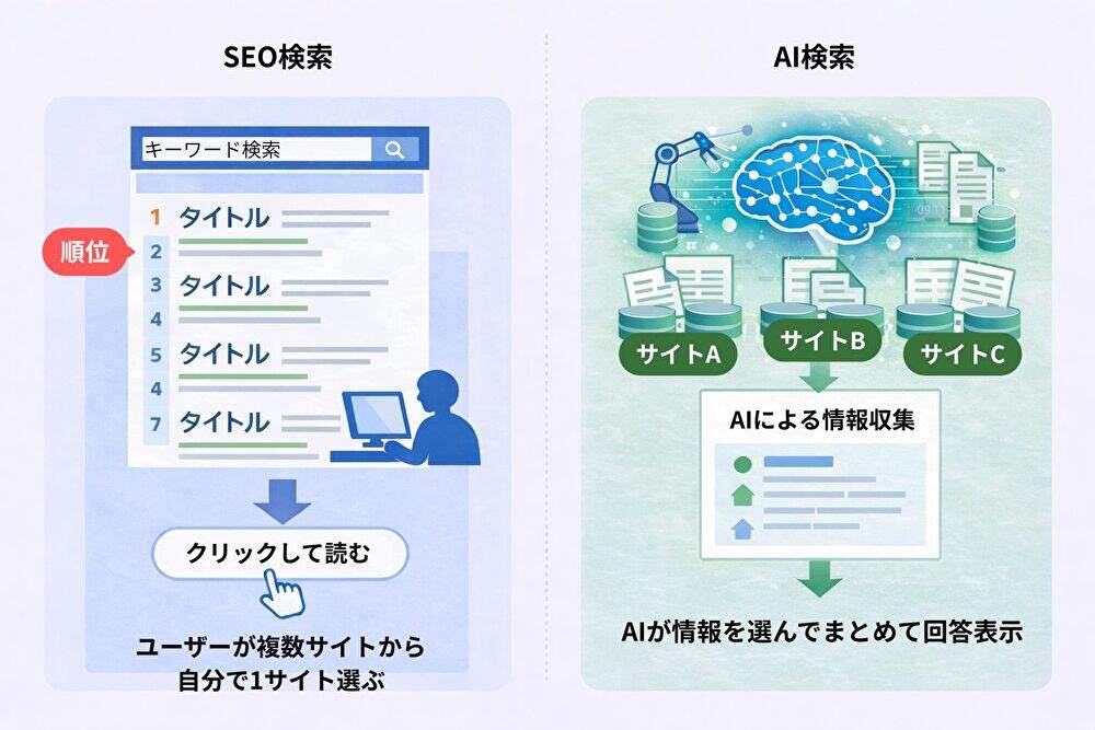 SEO検索とAI検索の違いを示す図